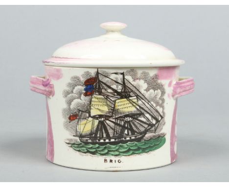 A 19th century Sunderland lustre butter dish and cover. With button finial and twin moulded strap handles. Printed and enamel