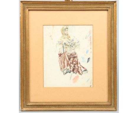A gilt framed watercolour sketch, portrait of a woman wearing a shawl. Label verso Lisbon c.1931, 25cm x 20cm.   Condition Re
