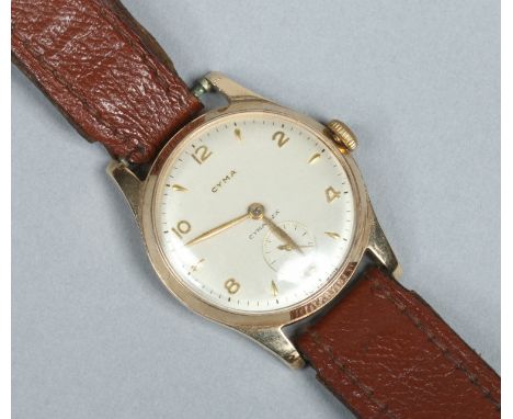 A gentleman's 9 carat gold Cyma manual wristwatch. With satin dial signed Cymaflex, with applied gold markers and having subs