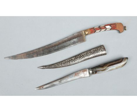 A 19th century Indian dagger with agate grip and niello inlaid metal scabbard along with another similar dagger with mother o