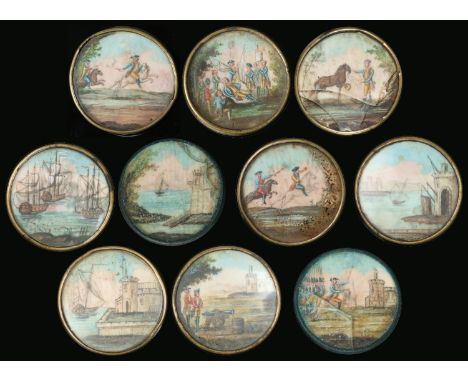 Seven Years' War; ten 18th century brass overcoat buttons. Each with a painted ivory miniature forming a tableau of General J