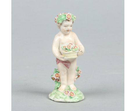 A Derby figure of a putti holding a basket of flowers and coloured in enamels. Slight patch marks c1780, 9.75cm. Condition Re