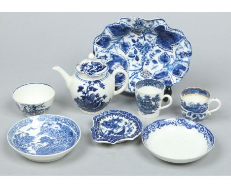 A small collection of Liverpool, Caughley and Bow blue and white porcelain. Including a Penningtons two quail pattern teapot 