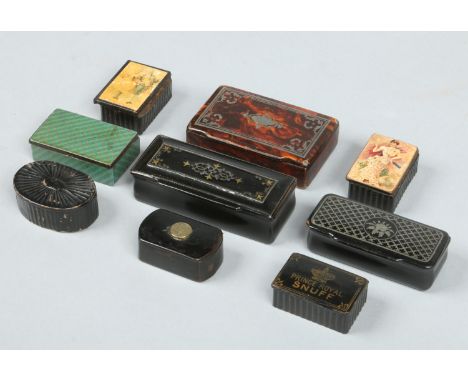 A collection of 19th century papier mache snuff boxes. One example decorated with piquet inlay, a tartan ware box, one with p