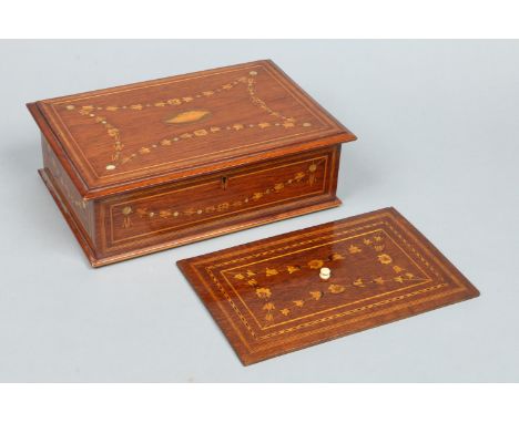 A Victorian rosewood workbox with floating internal lid. With marquetry inlay depicting a shell patera with festoons and moth