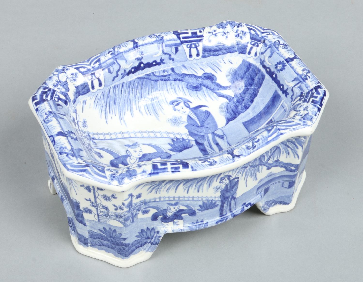 A Spode dog bowl printed in underglaze blue with the Jumping Boy ...