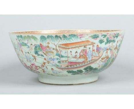 A large Chinese Qianlong punch bowl with orange peel textured glaze. With an internal cell border and red monochrome landscap
