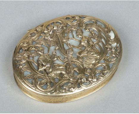 A 19th century Continental silver gilt and gold oval snuff box with hinged cover. The pierced cover decorated with a Watteaue