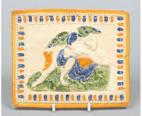 A late 18th century prattware rectangular plaque. With sprigged mouldings and coloured in enamels to depict Prometheus and th