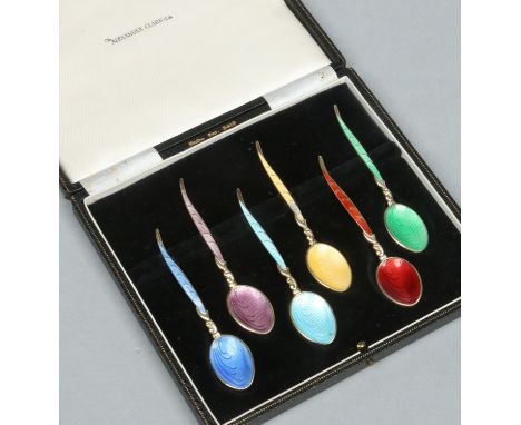 A cased set of six silver demitasse spoons by Turner & Simpson Ltd. With harlequin enamelled decorations over engine turned g