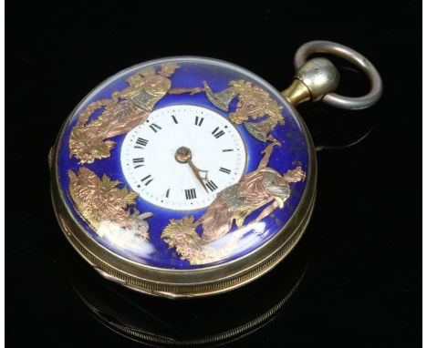 A 19th century Swiss "jacquemart" automaton repeater striking pocket watch. With blue enamel case and ornamented to the bezel