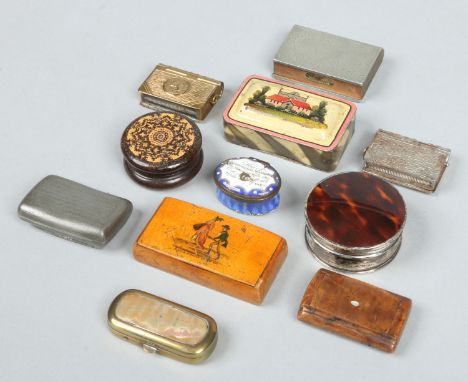 An 18th century Staffordshire enamel patch box, three novelty metal vesta cases formed as books and seven assorted snuff boxe