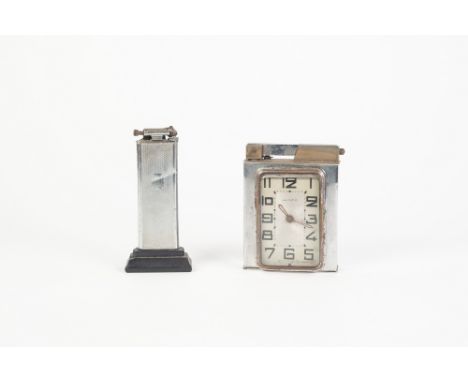 FRENCH CHROME PLATED OVERSIZED COMBINATION TABLE CIGARETTE LIGHTER AND CLOCK BY SEMCA, 4 ¼" (10.8cm) high, a/f, together with