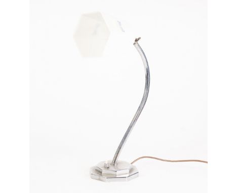 EARLY TWENTIETH CENTURY FRENCH CHROME PLATED ADJUSTABLE DESK LAMP, with octagonal base and later white glass shade, 17" (43.2