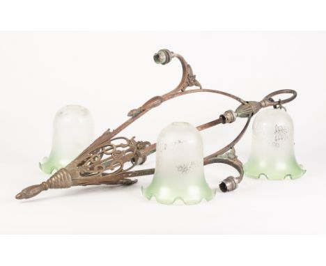 FRENCH THREE LIGHT CEILING LIGHT IN THE ART NOUVEAU STYLE, the open work frame with three short, scroll arms, three later, gr