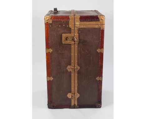 VINTAGE LARGE FIBRE AND METAL BOUND 'WARDROBE' CABIN TRUNK, with leather end carrying handles, the interior with pull out ext