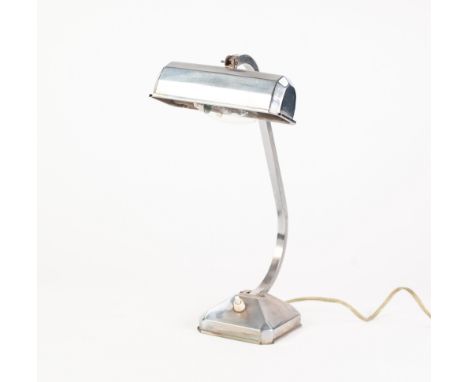 EARLY TWENTIETH CENTURY FRENCH CHROME PLATED ADJUSTABLE DESK LAMP, with panelled horizontal shade and square, canted base, 14