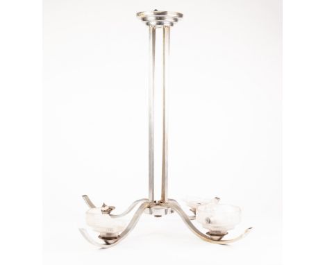 STYLISH FRENCH MID CENTURY CHROME PLATED FOUR LIGHT ELECTROLIER, 26 ¾" (68cm) high, shades a/f, together with SIX VARIOUS LIG