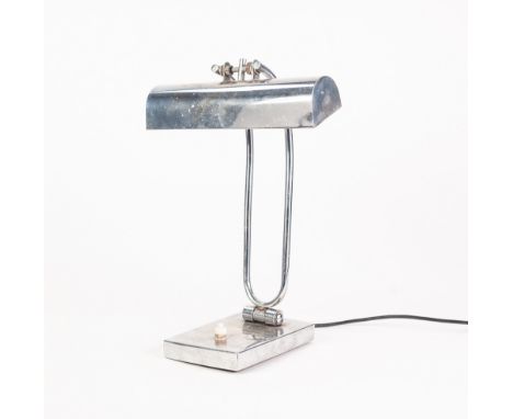 EARLY TWENTIETH CENTURY FRENCH CHROME PLATED ADJUSTABLE DESK LAMP, with panelled horizontal shade and oblong base, 13 ¼" (33.