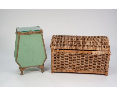 A PAIR OF LLOYD LOOM STYLE TUB CHAIRS, A LLOYD LOOM STYLE GREEN LINEN BASKET on short cabriole legs, also A WICKER WORK LINEN