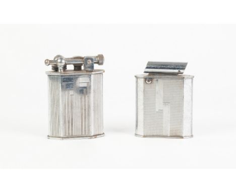 TWO FRENCH ART DECO CHROME PLATED OVERSIZED TABLE CIGARETTE LIGHTERS, including one with push button action, (2)