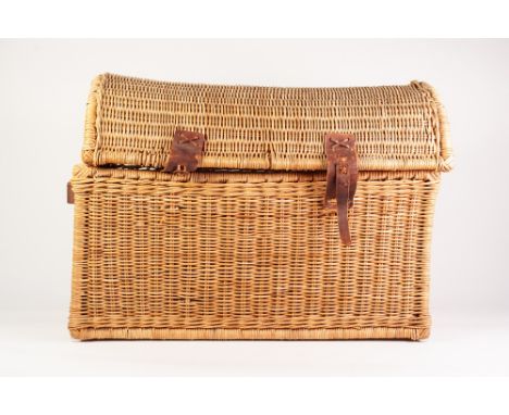 DOME TOP WICKER TRUNK, with leather fittings and side handles, 18 ½" (47cm) high, 18 ½" x 17" (47cm x 43.2cm), 