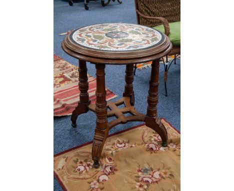 LATE NINETEENTH CENTURY OAK CIRCULAR OCCASIONAL TABLE, having a coloured hardstone mosaic top with white, floral and foliate 