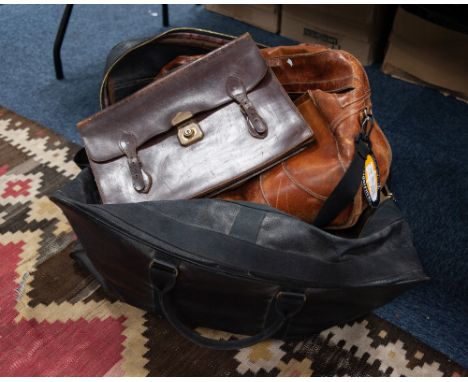 LARGE BLACK TEXTURED LEATHER HOLD-ALL, together with FOUR OTHERS, SMALLER, including a LIGHT BROWN LEATHER EXAMPLE, and a VIN