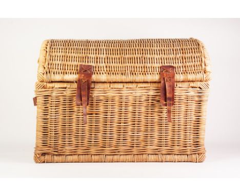 DOME TOP WICKER TRUNK, with leather fittings and side handles, 18 ½" (47cm) high, 18 ½" x 17" (47cm x 43.2cm), one side handl
