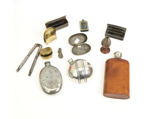 Pewter hip flask in the form of a cricket ball, two other hip flasks, Ashanti bronze figure, two 19th century horn snuff boxe