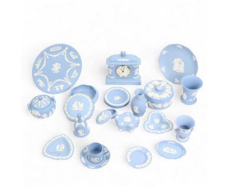 Wedgwood Jasperware mantle clock, lidded jars and covers, commemorative plates, bell, vases etc 