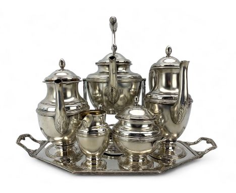 Early 20th century German five-piece silver-plated tea service on tray, by Wilhelm Wolff,   Pforzheim, tray L51cm 