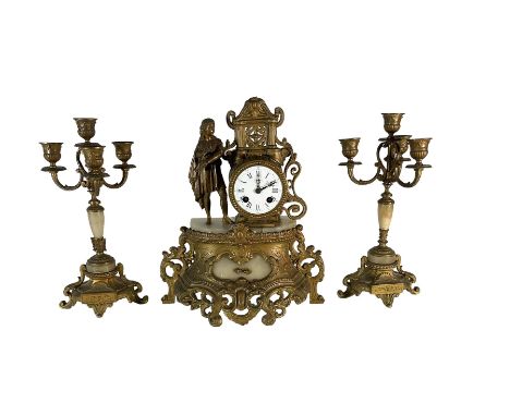 French - late 19th century 8-day mantle clock with two matching five light candelabra, gilt spelter case with alabaster panel