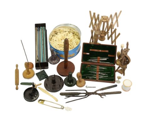 Sewing and Haberdashery Tools and Accessories to include a brass stitch pin, in the form of a paperclip, stamped Anchor, vari