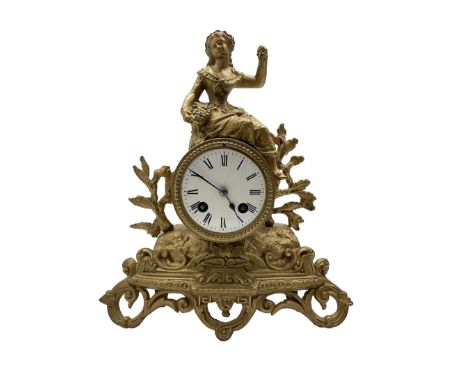 French - late 19th century 8-day mantle clock, in a spelter case with a solitary maiden seated above the drum movement, with 