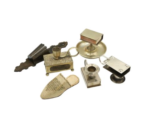 Three Victorian and later silver-plated combination matchbox holders/ candlesticks, a silver-plated combination matchbox hold