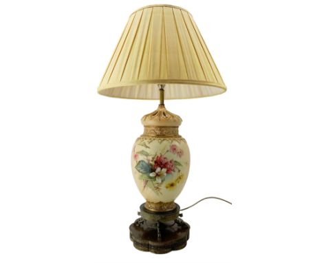 Early 20th century Royal Worcester pot pourri vase and cover, converted to a table lamp, the body painted with sprays of flow