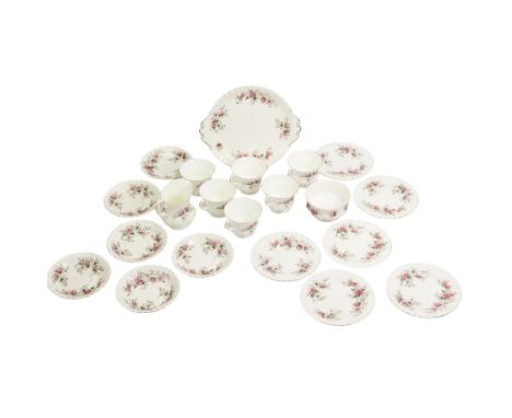 Royal Albert Lavender Rose tea set, comprising six teacups, saucers and tea plates, sugar bowl and milk jug, complete with th