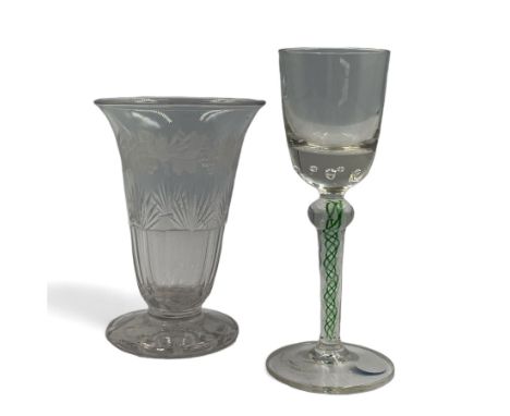 19th century continental liqueur glass, circa 1870, bucket bowl with bubble decoration, the tapered stem with green and white