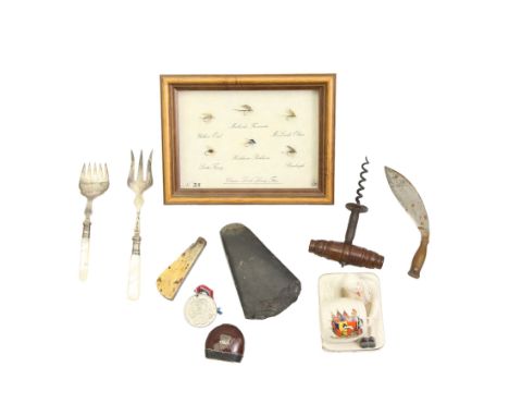 Indian silver mounted nut, slate axe head, horn fleam, framed fishing flies etc