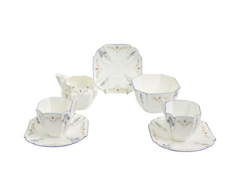 Art Deco Shelley Queen Anne shape part coffee ware decorated in the Blue Iris pattern, comprising two cups, three saucers, su