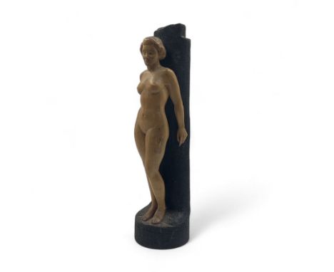 R Flint - 20th century carved wooden figural sculpture of a nude female, signed 