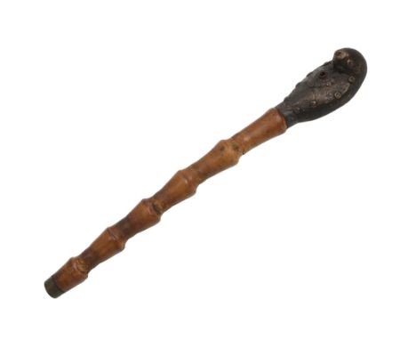 Chinese carved bamboo opium pipe with brass mounts, L44cm 