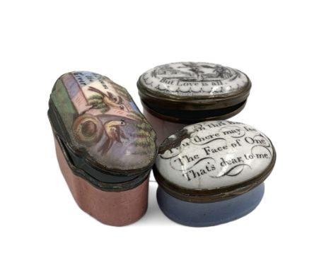  18th century enamel patch box, the hinged lid inscribed 'The Gift is Small, but Love is All' with interior mirror, another '