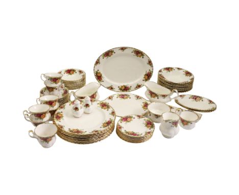 Royal Albert Old Country Roses dinner and tea ware comprising seven dinner plates, eight soup bowls, eight dessert bowls, tea