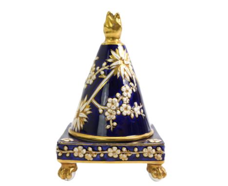 Early 19th century Spode pastille burner, of conical form, with floral gilt heightened relief decoration against a cobalt blu