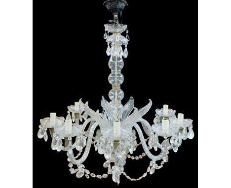 Italian style eight branch glass chandelier, with baluster stem, eight barley twist scroll arms interspersed by seven clear b