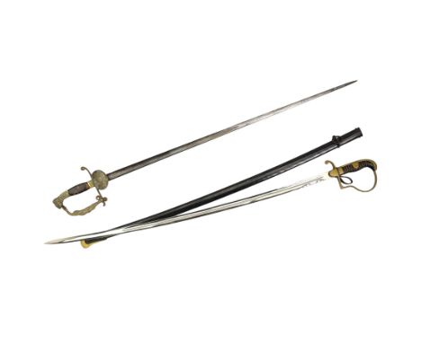German Army issue sabre by WKC, Solingen with slightly curved blade, brass hilt and wire wound grip with black metal scabbard
