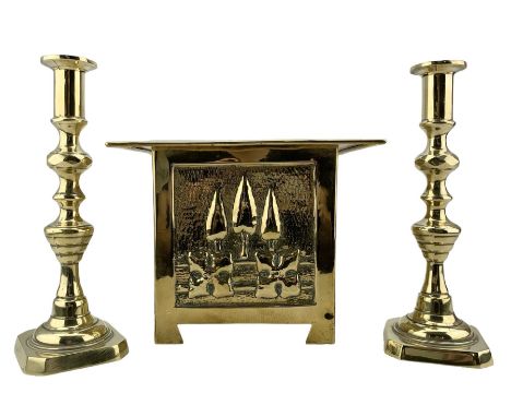 Arts and Crafts square brass planter, probably Glasgow School, with a raised pattern of stylised trees and foliage 23cm x 19c
