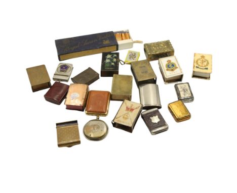 Victorian and later vesta cases and matchbox sleeves to include two Royal Army Medical Corps sleeves, ornate brass sleeves, s